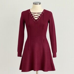 Nina Leonard XS Dress Long Sleeve Lace‎ Up Ribbed Knit Maroon Burgundy Fit Flare